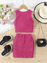 Young Girl Solid Color Knitted Striped Irregular Vest Top + Skirt Set